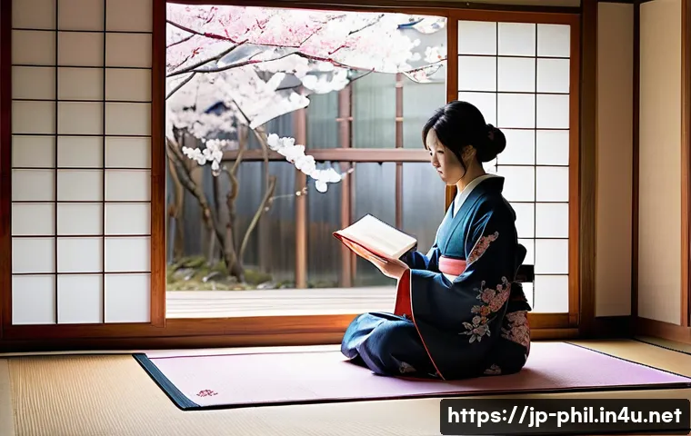 베르그송의 지속 개념과 현대 철학 - A serene scene of a young Japanese woman sitting quietly in a traditional tatami room during early m...