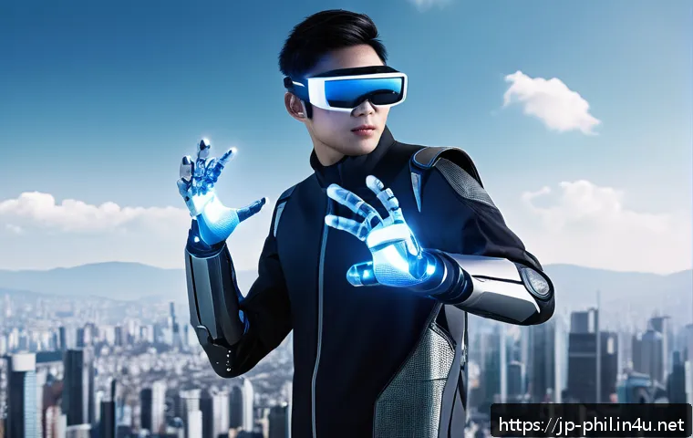 포스트휴먼 철학과 미래 전망 - A futuristic scene depicting a person with advanced prosthetic limbs integrated seamlessly into thei...