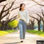 동양 철학에서의 도와 기 개념 - A serene morning scene showing a young Japanese woman wearing casual, modest clothing including a li...