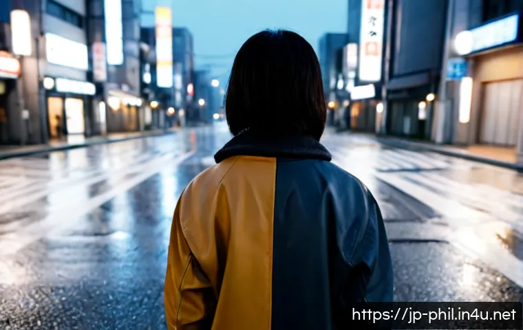 실존주의 철학과 현대적 해석 - Photorealistic cinematic scene of a thoughtful Japanese adult standing alone at a quiet urban crossr...
